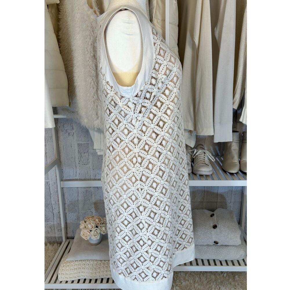 Sharagano Women's Size 10 Ivory Lace Nude Underlay Sleeveless Linen Shift Dress - Picture 3 of 9